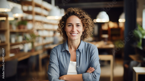 Portrait of a beautiful smiling female small business owner. business owners against entrance, gesture inviting you to visit, being proud of small local business. Generative AI