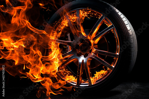 Generative AI picture of fire and explosions burning car wheel tire in city danger catastrophe road accident photo