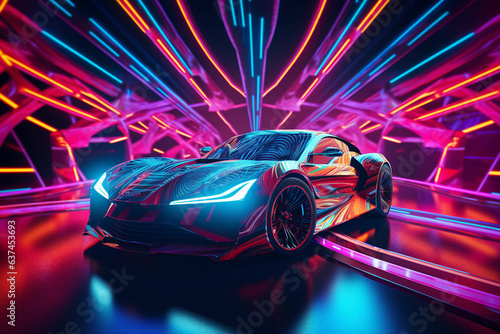 Generative ai wallpaper of futuristic bright car with modern creative design at illuminated night city and neon glowing lights