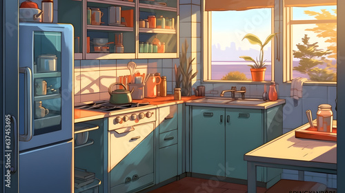 kitchen with open window anime style Made with Generative AI