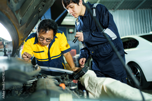 Team of vehicle technicians checking and measuring a vehicle oil engine or engine lubricant level by using oil stick indicator. Senior professional repairman inspecting an oil engine in an old car.
