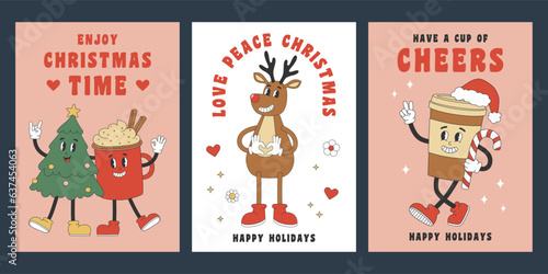 Set of Christmas greeting cards with cute characters in groovy retro style. Template for Merry Christmas and Happy New year greeting card, poster, party invitation