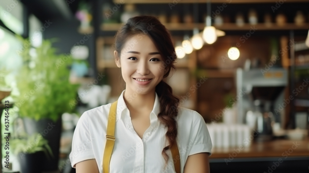 Portrait of a beautiful smiling female small business owner.Portrait barista or waiter cafe or coffee shop owners against entrance, gesture inviting you to visit, being proud of small local business. Portrait of a beautiful smiling female small business owner.Portrait barista or waiter cafe or coffee shop owners against entrance, gesture inviting you to visit, being proud of small local business.
