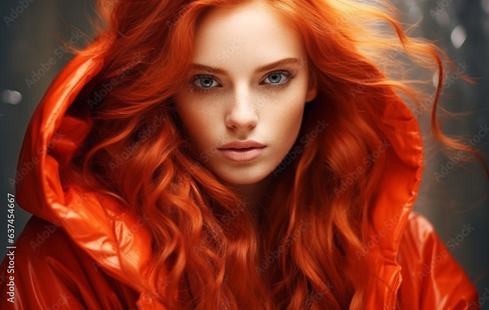 A gorgeous women with long red hair in orange coat, ai generative
