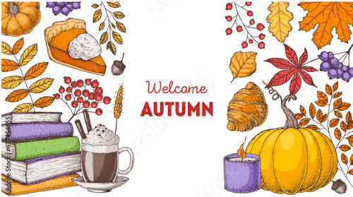 Cozy Autumn frame. Hand drawn vector illustration. Design elements. Set of books, twigs, pumpkin, leaves, maple leaf, hot drink, candle, croissant, berries, piece of pie.