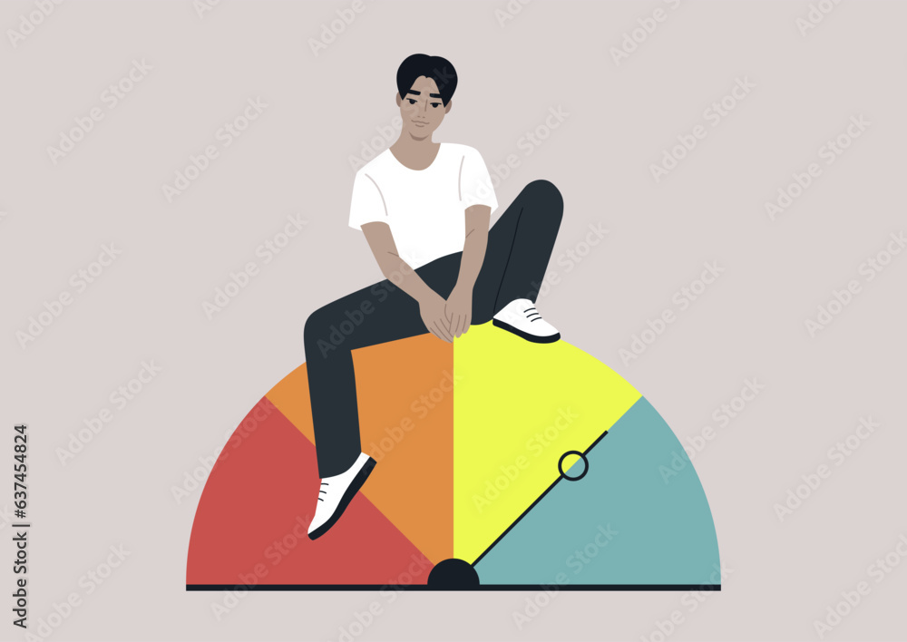 A young character siting on top of a credit score infographics, a semi-circle dashboard with four colorful sectors and an arrow A young character siting on top of a credit score infographics, a semi-circle dashboard with four colorful sectors and an arrow