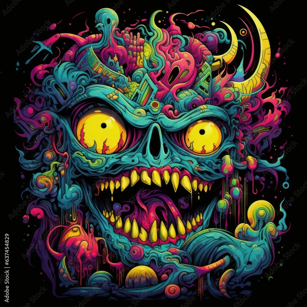 A mesmerizing psychedelic monster character, with glowing eyes, intricate details, and a shirt design that combines fluorescent colors