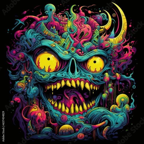 A mesmerizing psychedelic monster character  with glowing eyes  intricate details  and a shirt design that combines fluorescent colors