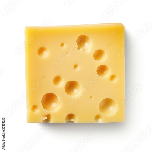 Perforated cubes of cheese on a white and yellow background. Cheese concept. Generative AI.