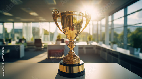 wide angle photo of a a trophy for winning the competition, celebrating the victory, against the background of the office, day light. Generative AI