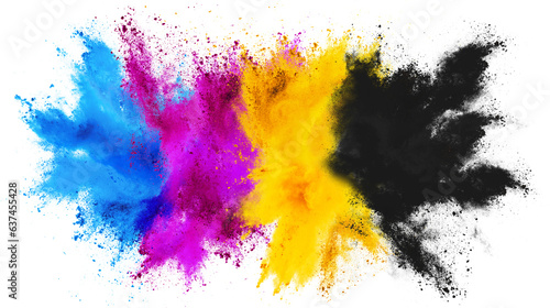 colorful CMYK cyan magenta yellow key color holi paint powder explosion isolated white background. print industry business industrial concept