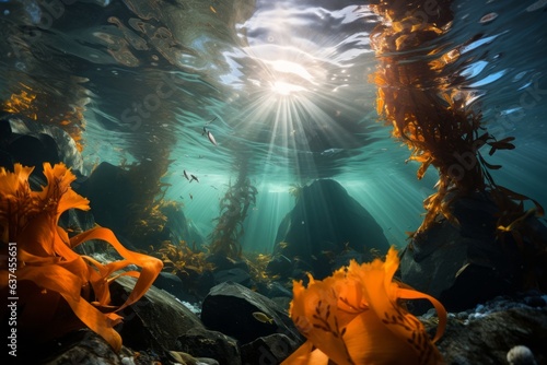 An expansive underwater shot of a vibrant kelp forest  showcasing the towering kelp plants and the diverse marine life that inhabit them. Generative Ai