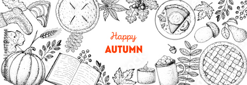 Cozy Autumn frame. Hand drawn vector illustration. Design elements. Autumn food. Set of pumpkin, book, candle, blueberry pie, socks, hot drink, leaves, foliage, berries, mushroom, acorn.
