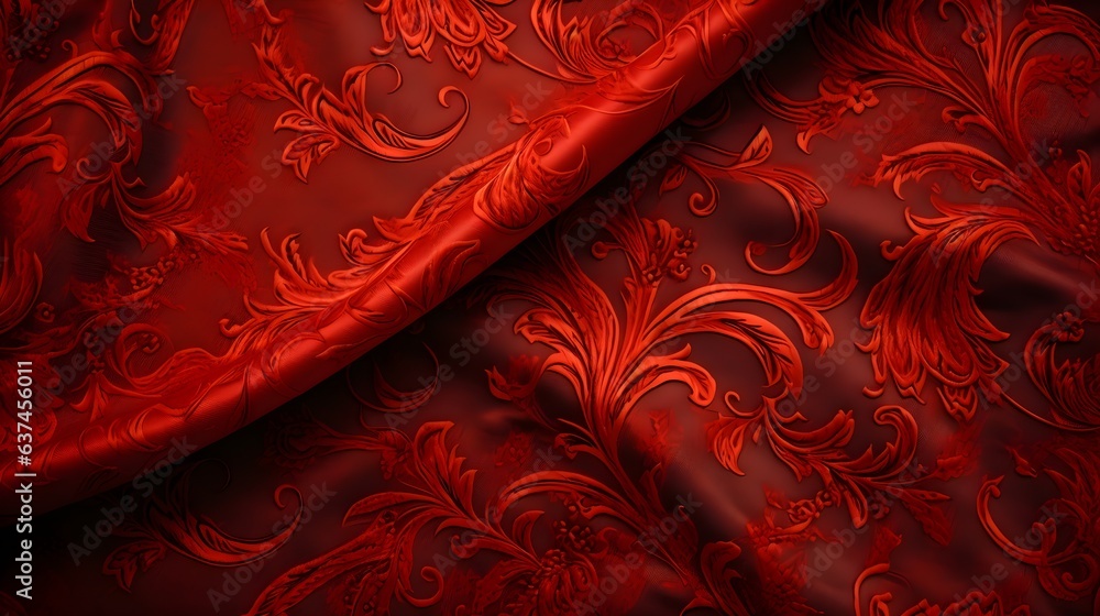 Red luxury silk fabric. Wavy abstract satin cloth texture pattern. Elegant curve motion image realistic horizontal design. - obrazy, fototapety, plakaty 