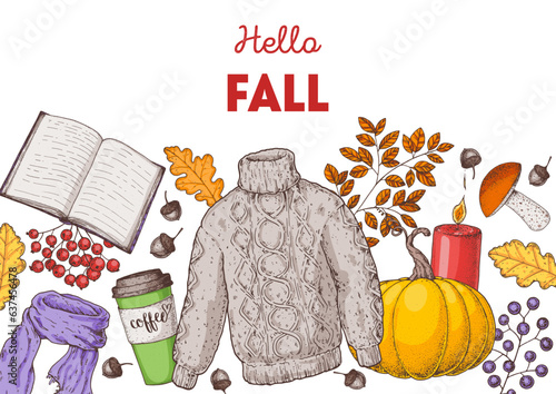 Cozy Autumn frame. Hand drawn vector illustration. Design elements. Set of book, pumpkin, coffee, sweater, leaves, mushroom, candle, acorn, twigs and berries. Hand drawn