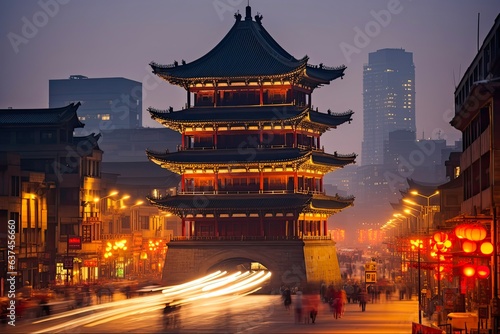 Beautiful Ancient Architecture of Xian: Bell Tower of Chinese Attraction in Nightfall: Generative AI