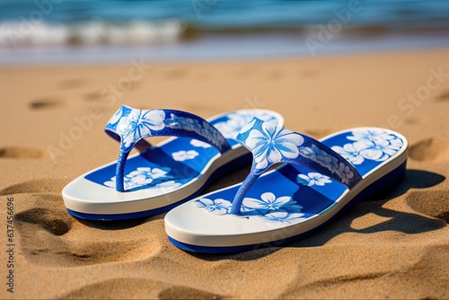 Blue and White Chancla Flip-Flops - Perfect for Summer Vacation: Generative AI