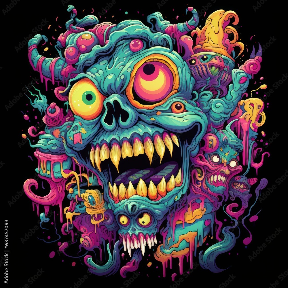 A psychedelic monster character with a retro-inspired shirt design that incorporates glowing fluorescent colors, bold psychedelic symbols A psychedelic monster character with a retro-inspired shirt design that incorporates glowing fluorescent colors, bold psychedelic symbols
