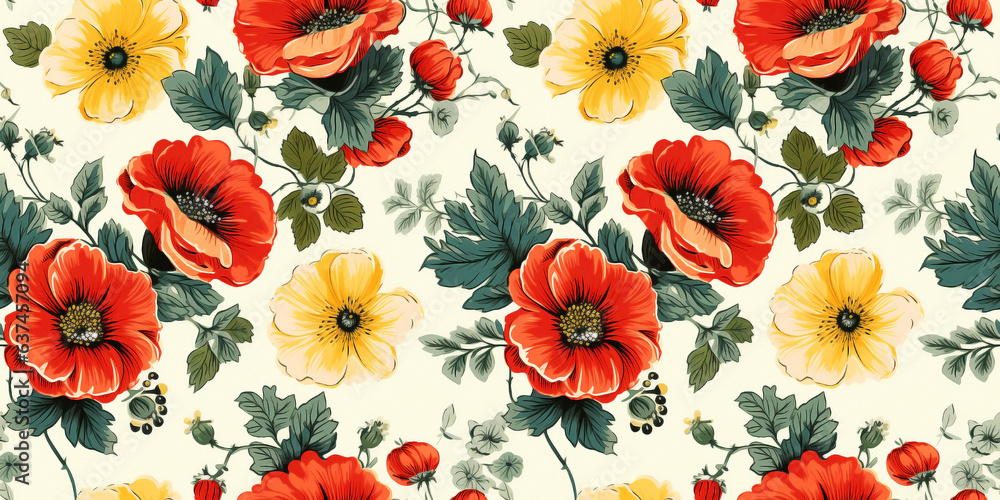 Red poppies and yellow daisies floral seamless pattern on timeworn floral backdrop. Concept: Vivid country blooms from the past - obrazy, fototapety, plakaty 