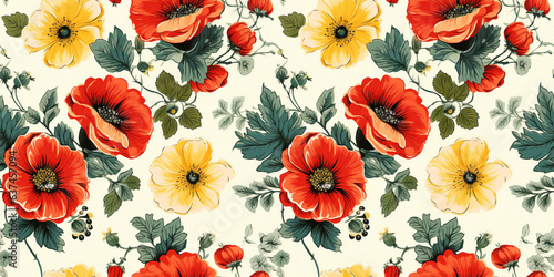Red poppies and yellow daisies floral seamless pattern on timeworn floral backdrop. Concept: Vivid country blooms from the past