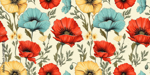 Seamless pattern of yellow daisies and red poppies on aged floral background. Concept  Cheerful country blooms from the past