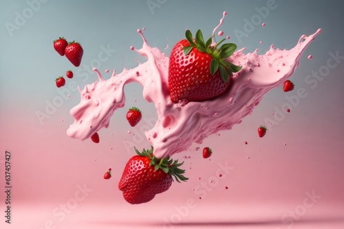 Strawberries, strawberry-colored yogurt flying around. Generative AI