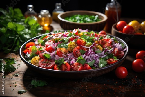Healthy vegetable salad of fresh tomato, greenery, spinach, lettuce and sesame on plate. AI Generated