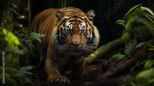 A tiger stalks among the green leaves of the jungle. © ArturSniezhyn