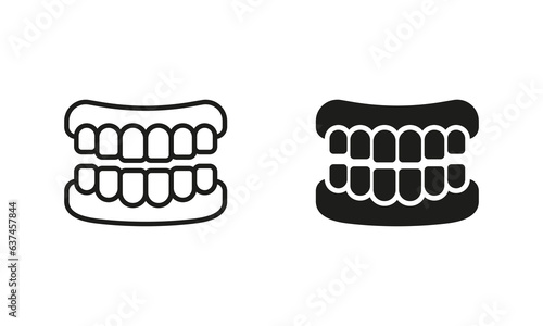 Human Jaw Anatomy with Teeth Silhouette and Line Icons Set. False Tooth, Teeth Prosthesis Pictogram. Healthy Smile, Oral Hygiene, Dentistry, Dental Treatment Sign. Isolated Vector Illustration