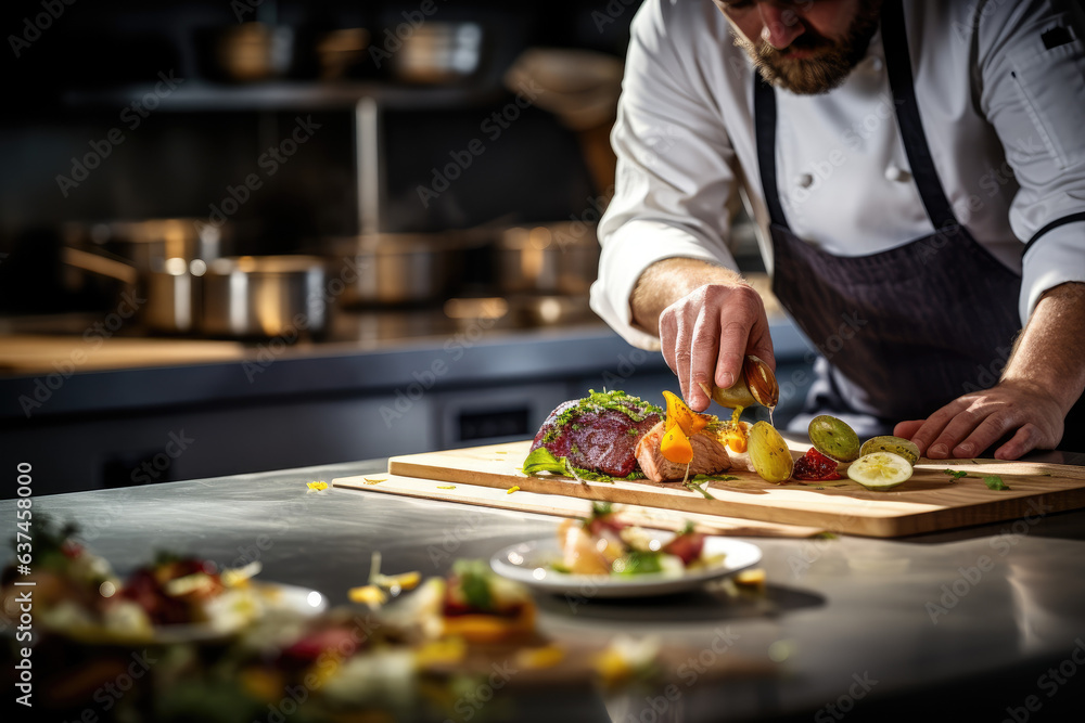 Close-up of a chef's hands crafting a delectable gourmet dish - obrazy, fototapety, plakaty 