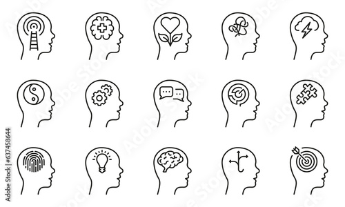 Mental Health Line Icon Set. Emotional Support, Inspiration, Opportunity Linear Pictogram. Psychology Therapy Outline Sign. Intellectual Process Symbol. Editable Stroke. Isolated Vector Illustration