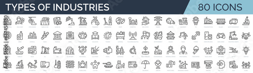 Set of 80 outline icons related to industries. 80 types of industry.  Linear icon collection. Editable stroke. Vector illustration