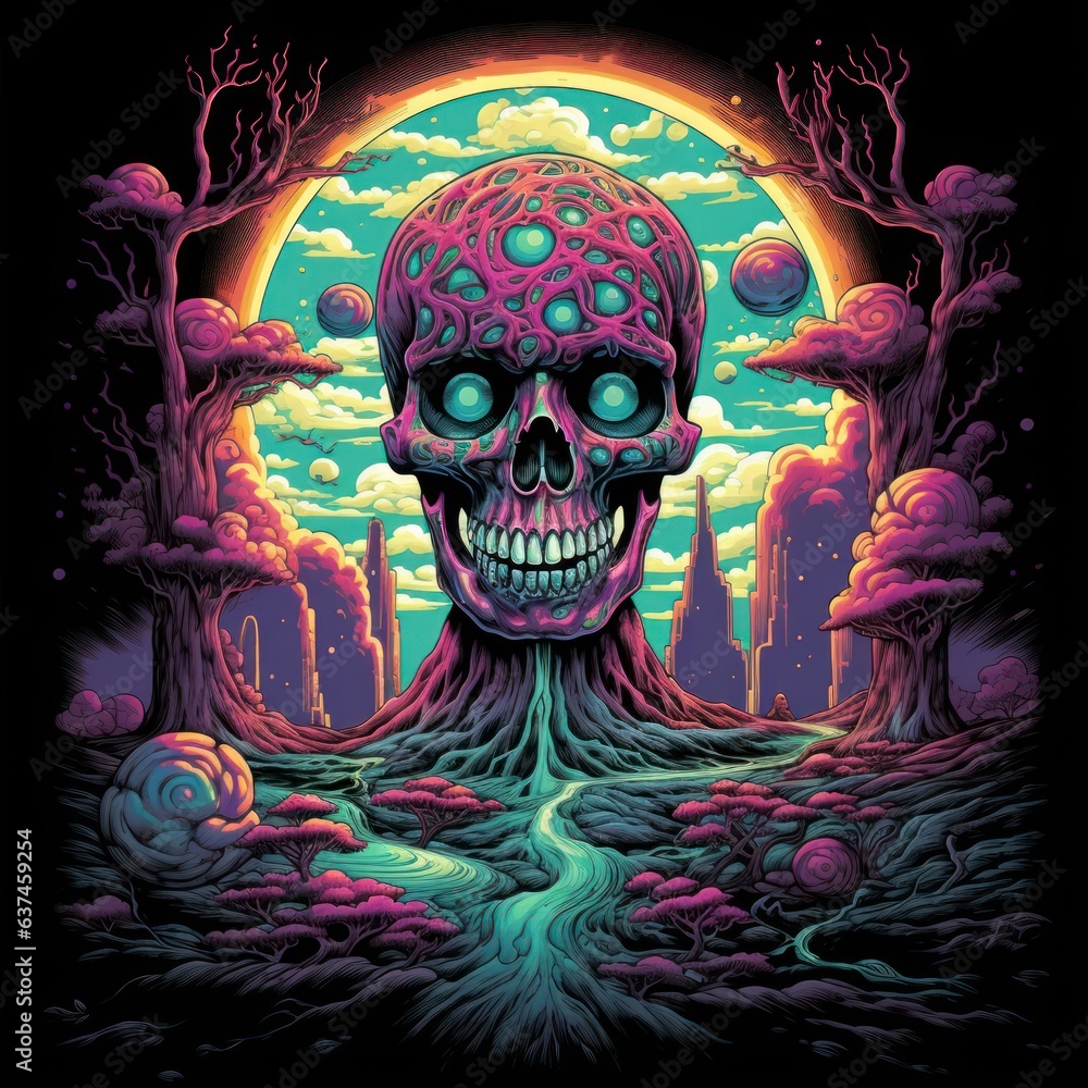 A retro-inspired shirt design featuring a neon toxic totem against a backdrop of swirling psychedelic skies, capturing the essence of a mind-expanding journey A retro-inspired shirt design featuring a neon toxic totem against a backdrop of swirling psychedelic skies, capturing the essence of a mind-expanding journey