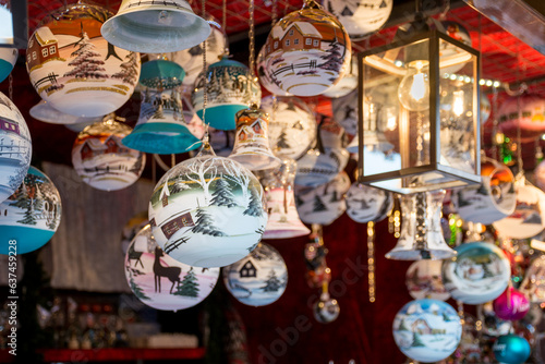 colorful christmas ornaments in a booth