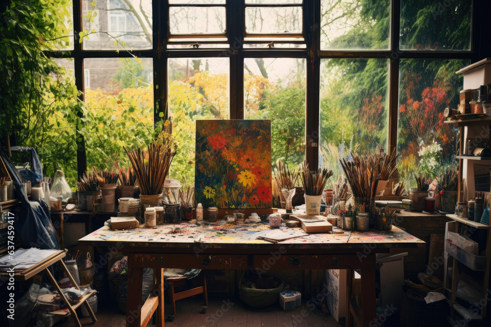 Creative Workspace with Artist's Palette and Paintbrushes