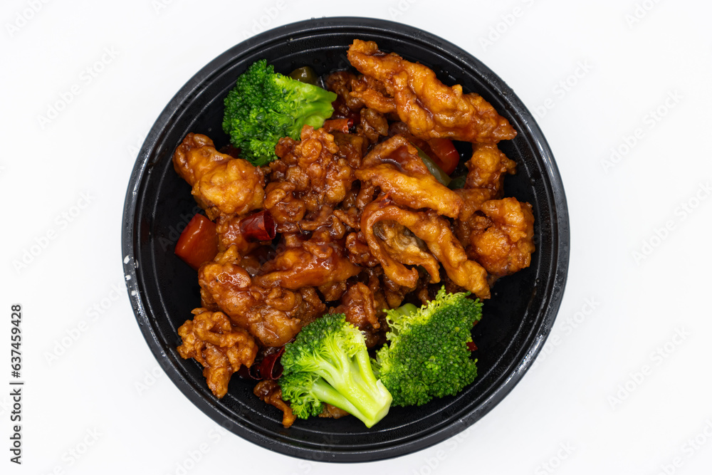 General Tso's Chicken with Broccoli in a Black Bowl