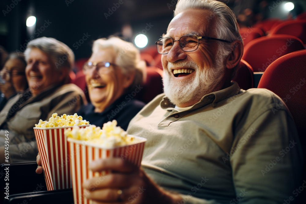 Senior couple at cinema, togetherness and happy moments. Generative AI Senior couple at cinema, togetherness and happy moments. Generative AI