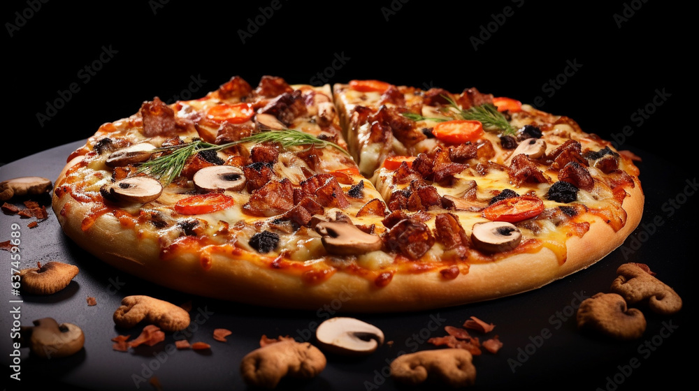 Appetizing pizza on a dark background, soft light.