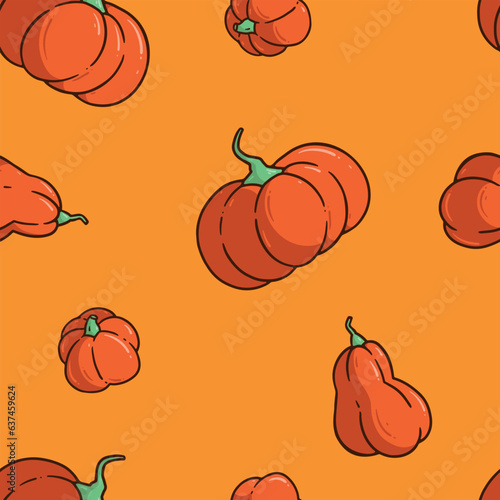 Seamless pattern. Doodle cartoon orange pumpkins on yellow background. Line art handdrawn autumn illustration. Concept of harvest, autumn, food, halloween, holiday, thanksgiving. Print for textiles