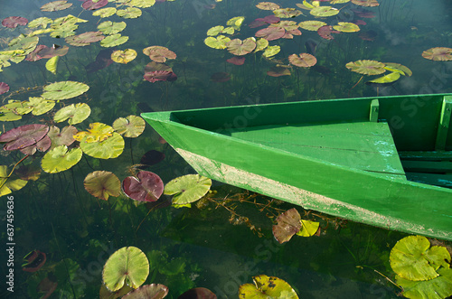 Old green wooden boat in a lake with lilies photo