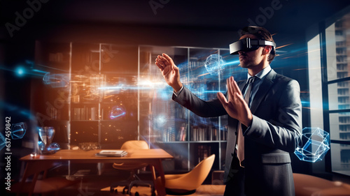 Businessman with black VR glasses touching virtual immersive world   VR technology in business concept