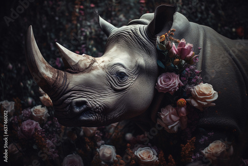 Rhinoceros or rhino abstract portrait with flowers and leaves. Creative animal portrait. Generative Ai.