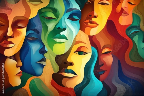 Abstract faces of young women with colorful hair in modern watercolor style