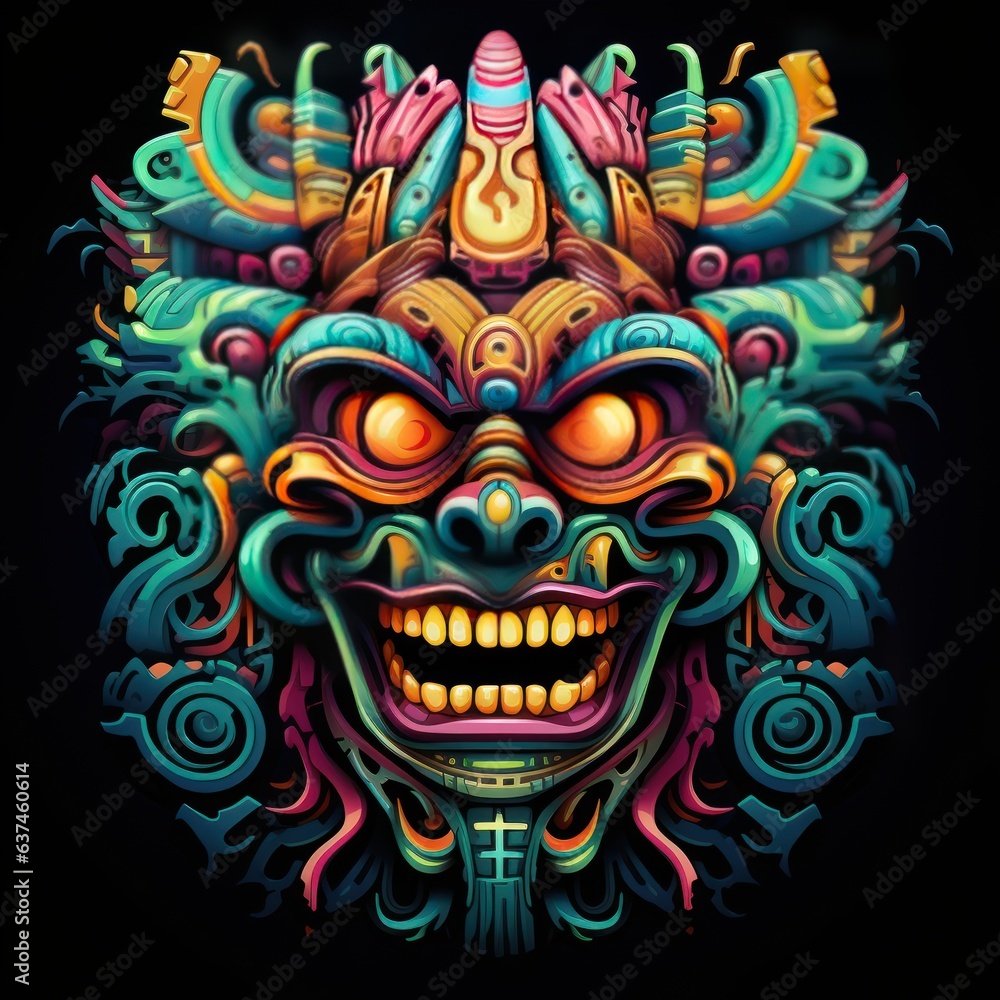 A vibrant neon toxic totem, with swirling psychedelic patterns and a retro-inspired shirt design featuring fluorescent colors