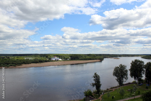Beautiful view of a flowing river in summer with trees and fields. 