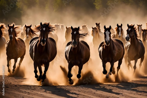 Herd of horses gallop past raising dust