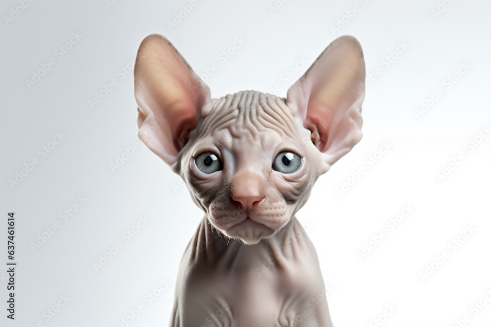 a sphy cat with blue eyes sitting on a white surface