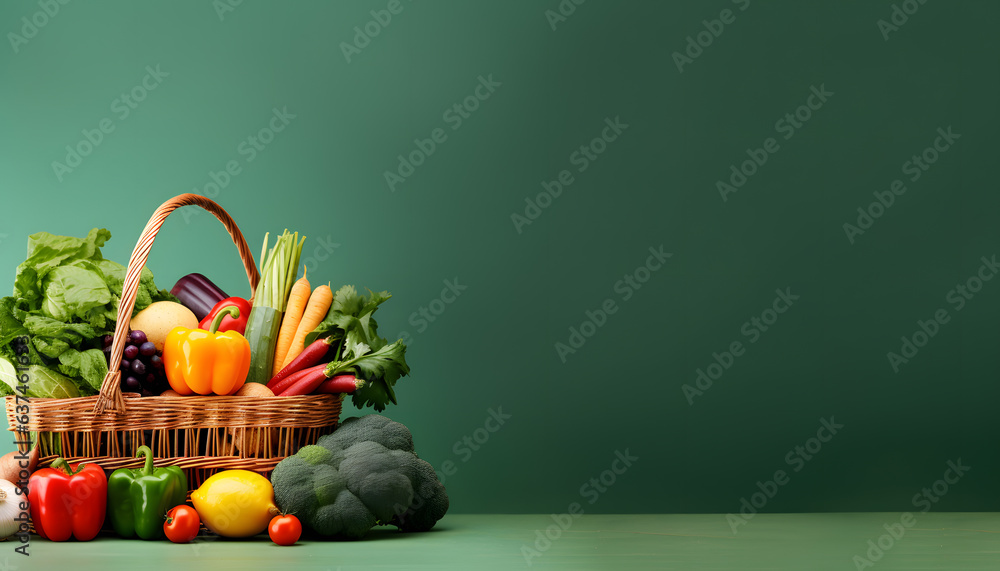 copy space background shopping basket with many kind of vegetable - obrazy, fototapety, plakaty 