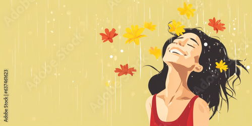 Exciting depiction of an ecstatic woman enjoying a floral downpour. Bright, flat design studio illustration, offering abundant copy space.