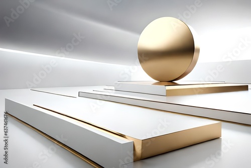 Abstract Podium minimal geometric white and gold.3D rendering